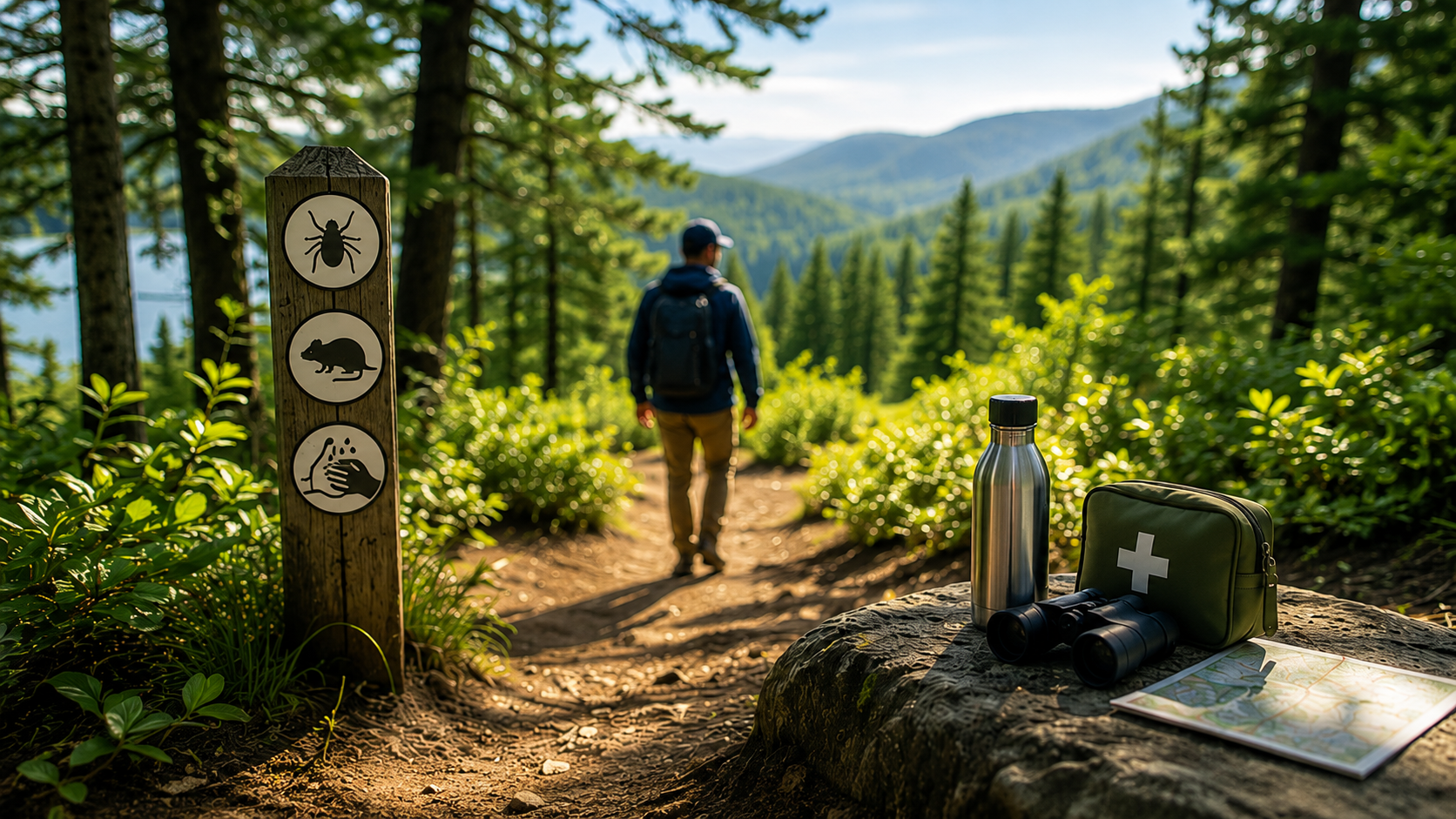 Forest trail with outdoor safety signs and first aid gear representing outdoor infection risks from ticks, Lyme disease, hantavirus, and rodent exposure